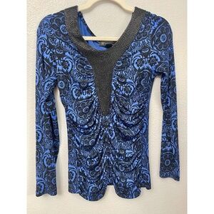 INC Womens Blue Black Beaded V-Neck Ruched Floral Long Sleeve Blouse Size S
